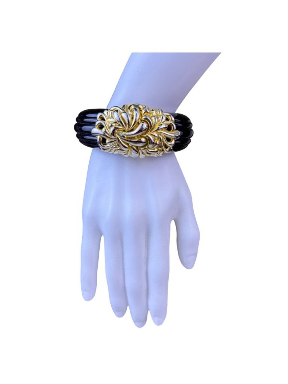 Vintage Inna Cytrine Paris Black Lucite & Gold Tone Hinged Bangle Bracelet